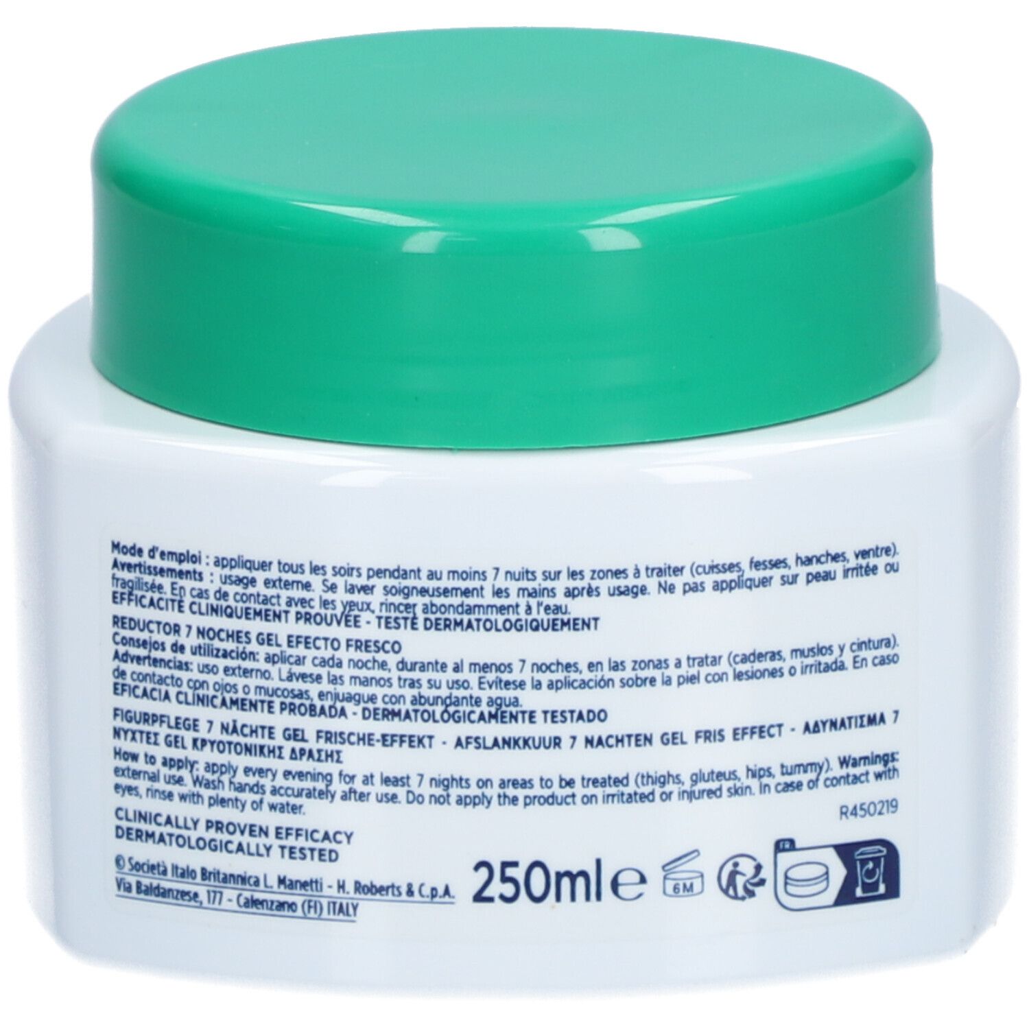 Dos du pot blanc avec couvercle vert. Texte : mode d'emploi, ingrédients, 250ml, cliniquement prouvé.