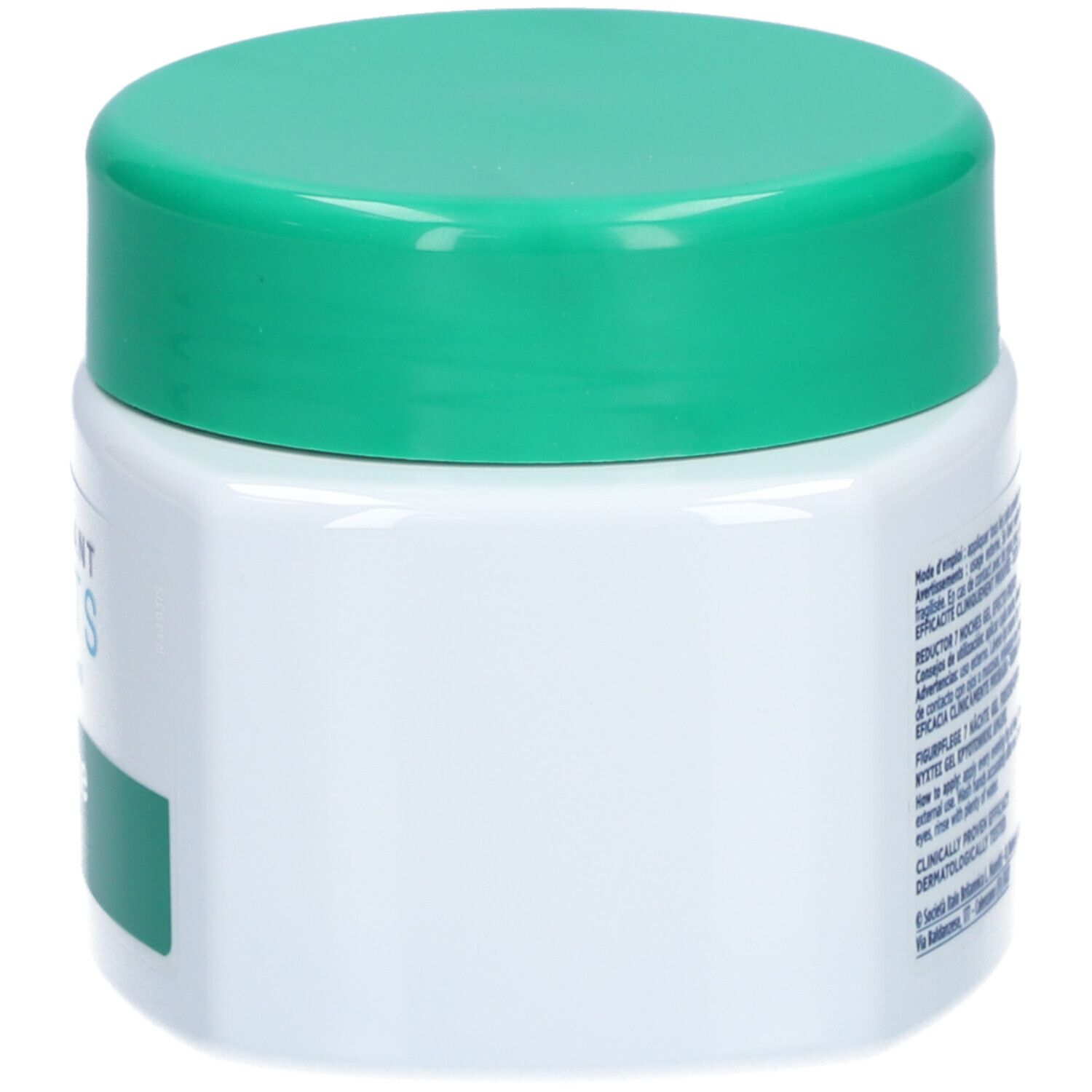 Vue latérale du pot blanc avec couvercle vert. Inscription : Amincissant 7 Nuits, Somatoline Cosmetic.