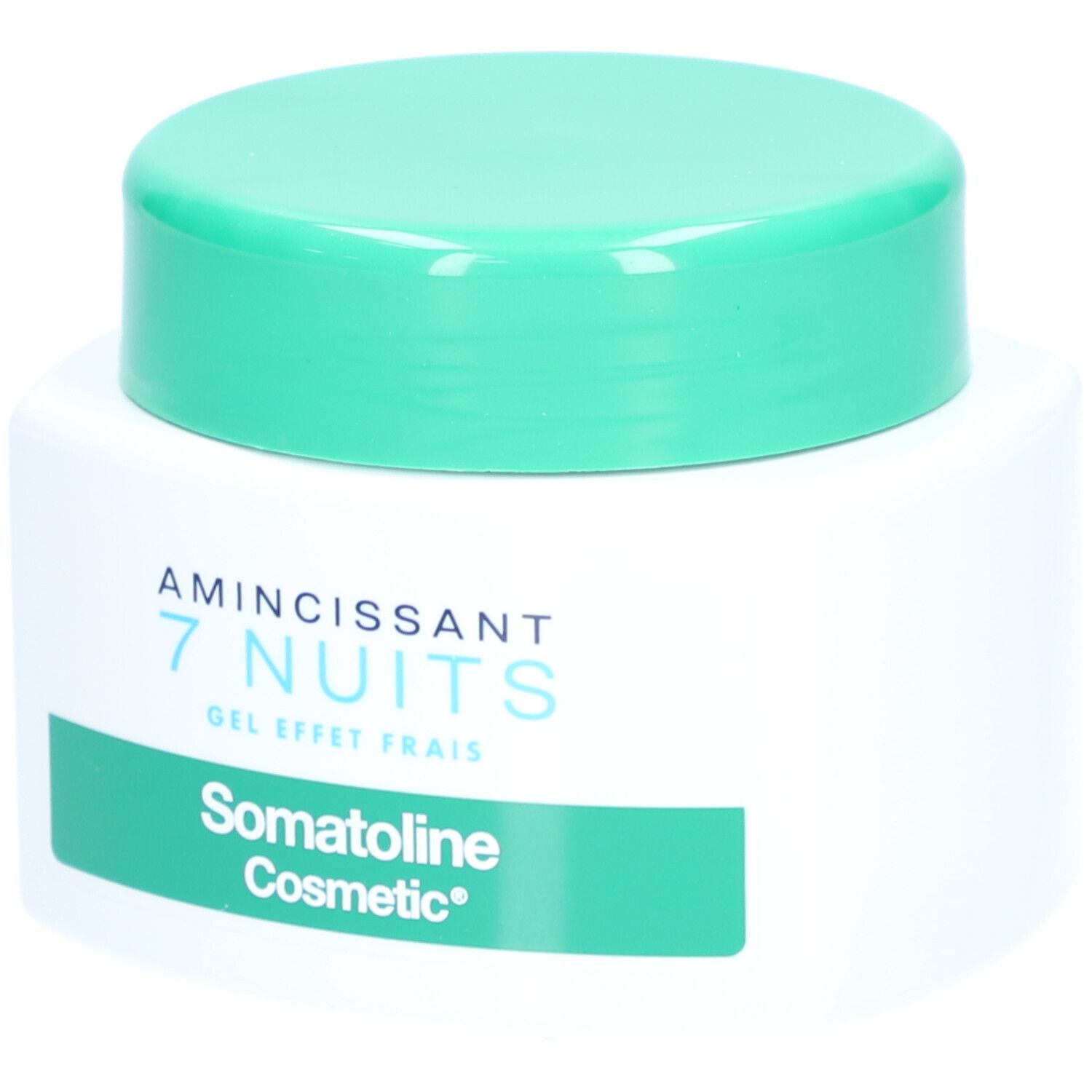 Pot blanc avec couvercle vert. Inscription : Amincissant 7 Nuits, Gel effet frais, Somatoline Cosmetic.
