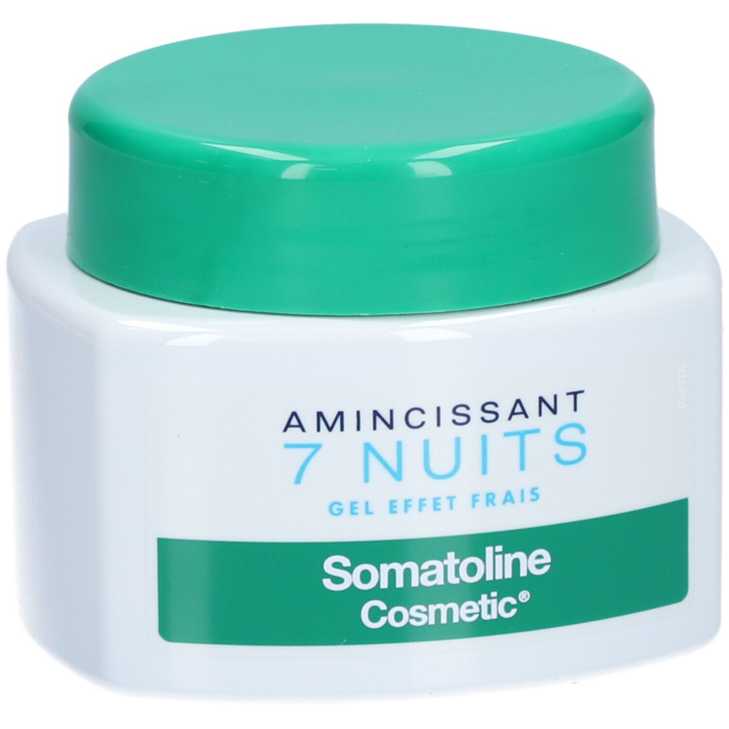 Pot blanc avec couvercle vert. Inscription : Amincissant 7 Nuits, Gel effet frais, Somatoline Cosmetic.