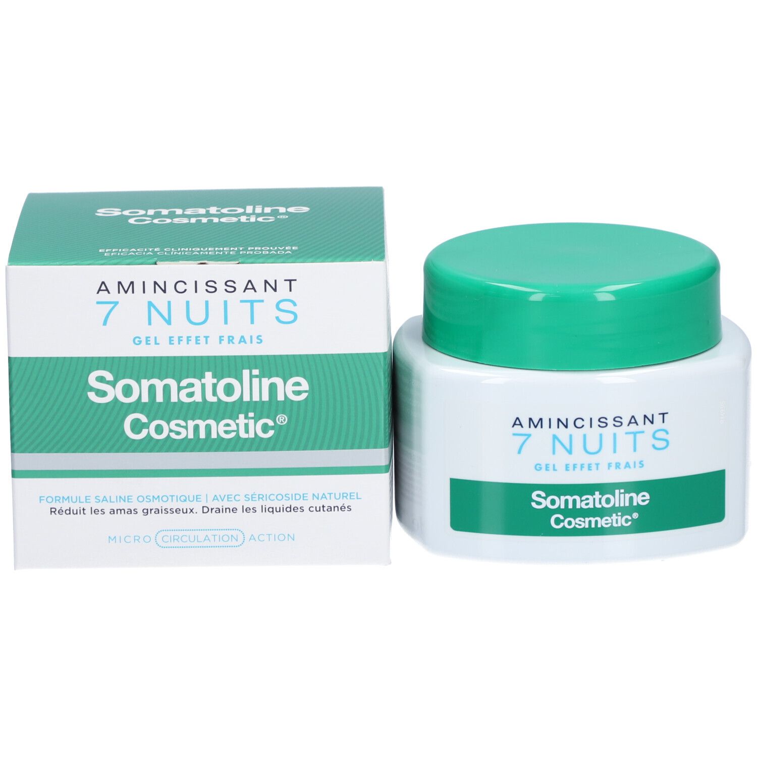 Emballage et pot. Inscription : Amincissant 7 Nuits, Somatoline Cosmetic. Emballage vert et pot blanc.