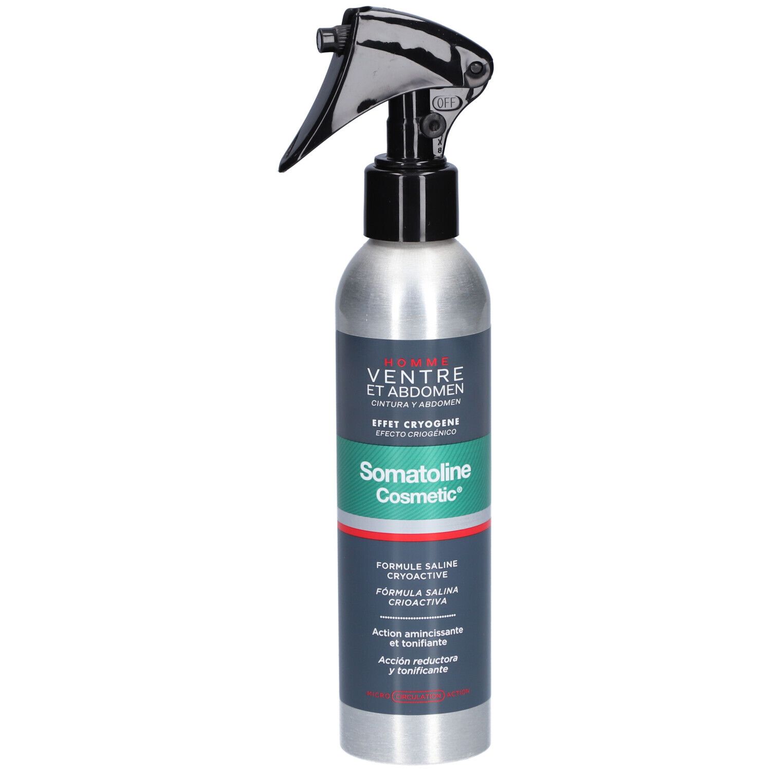 Flacon de spray froid avec pulvérisateur noir. Inscription: Somatoline Cosmetic HOMME Ventre et Abdomen.
