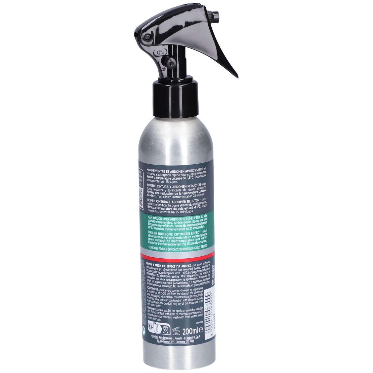 Flacon de spray froid, vue arrière. Informations textuelles et ingrédients. Volume: 200ml.