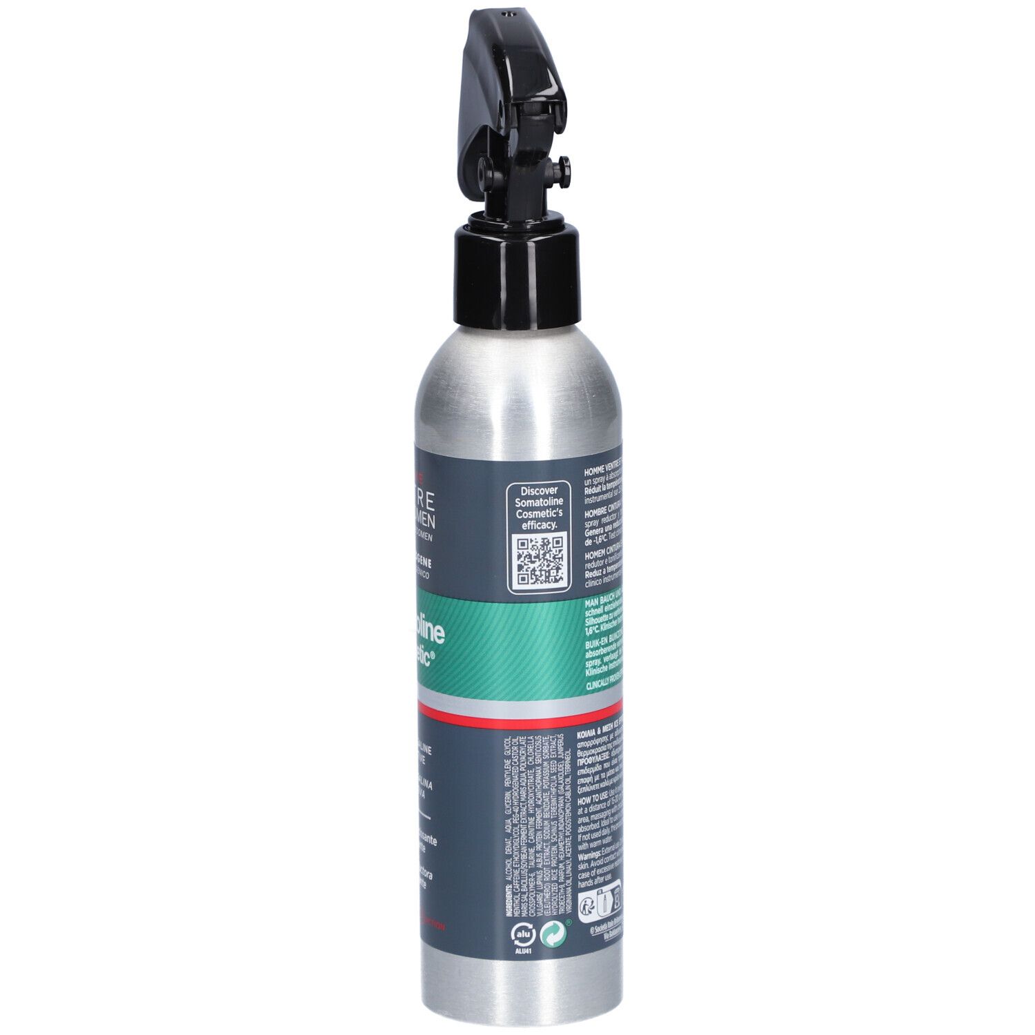 Flacon de spray froid, vue latérale. Inscription: Somatoline Cosmetic. Code QR et texte.