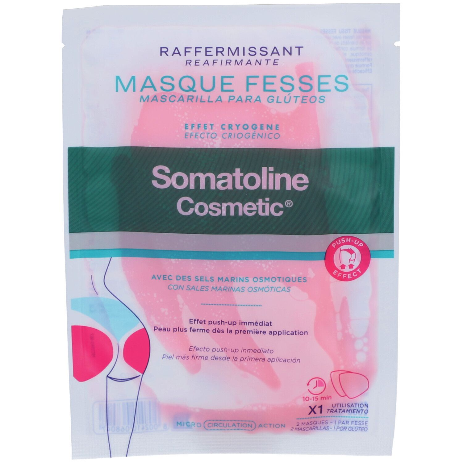 Sachet de produit raffermissant pour fesses. Gel rose, texte vert et blanc. Marque Somatoline Cosmetic.