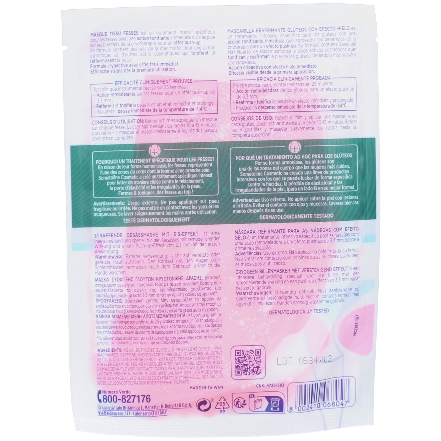 Dos du sachet de produit. Texte multilingue. Fond rose, texte blanc. Testé dermatologiquement.