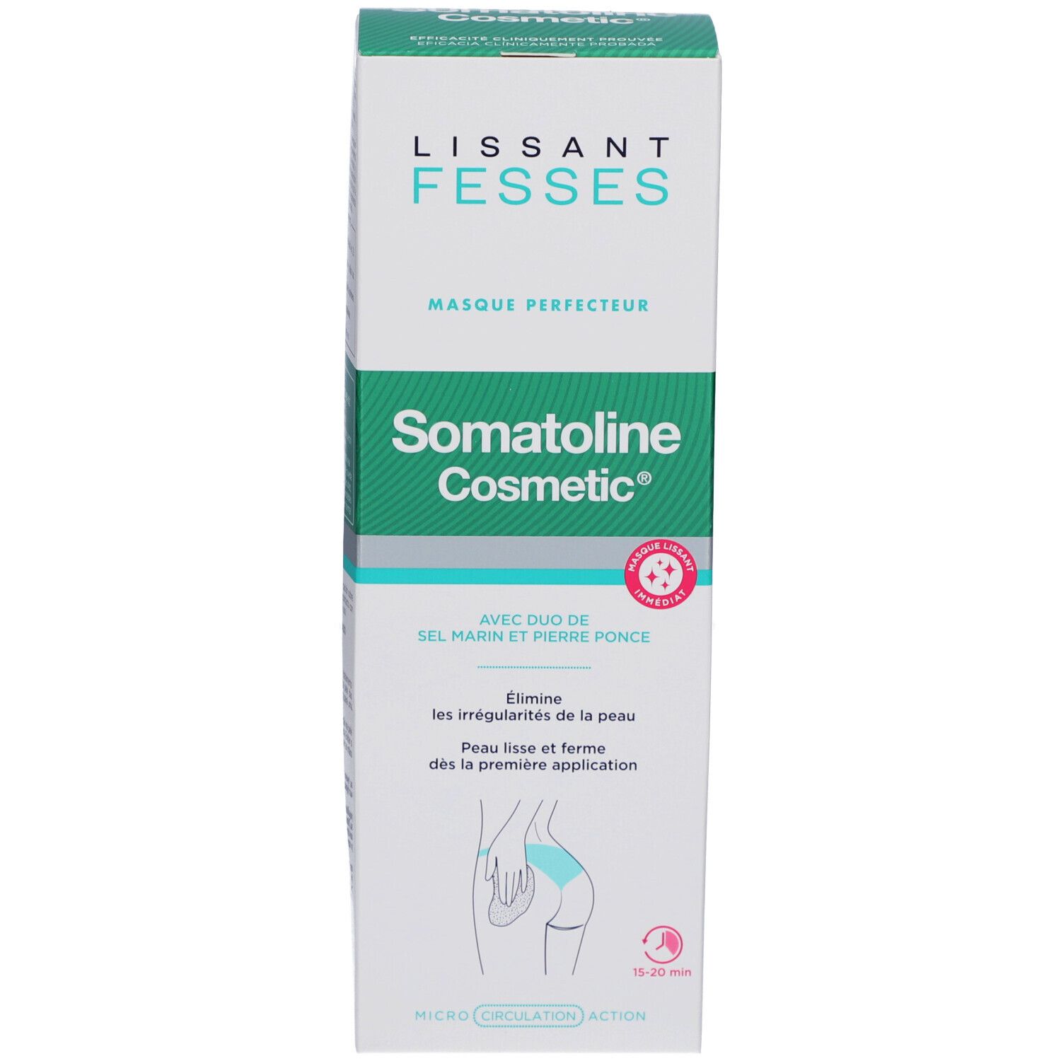 Emballage blanc avec accents turquoise. Marque: Somatoline Cosmetic. Texte: Lissant Fesses, Masque Perfecteur. Illustration: fesses.