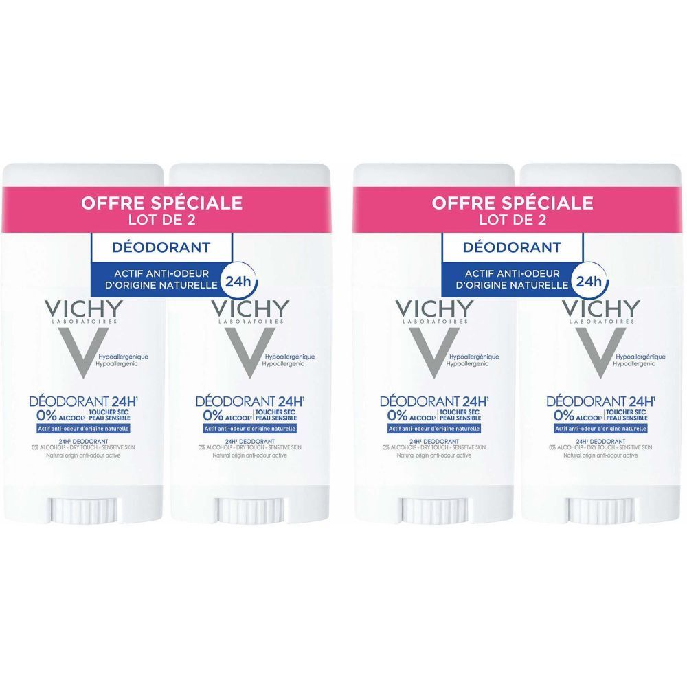 Plusieurs sticks déodorants blancs. Inscriptions roses et bleues. Texte: VICHY, DÉODORANT 24H, 0% alcool, OFFRE SPÉCIALE, LOT DE 2.