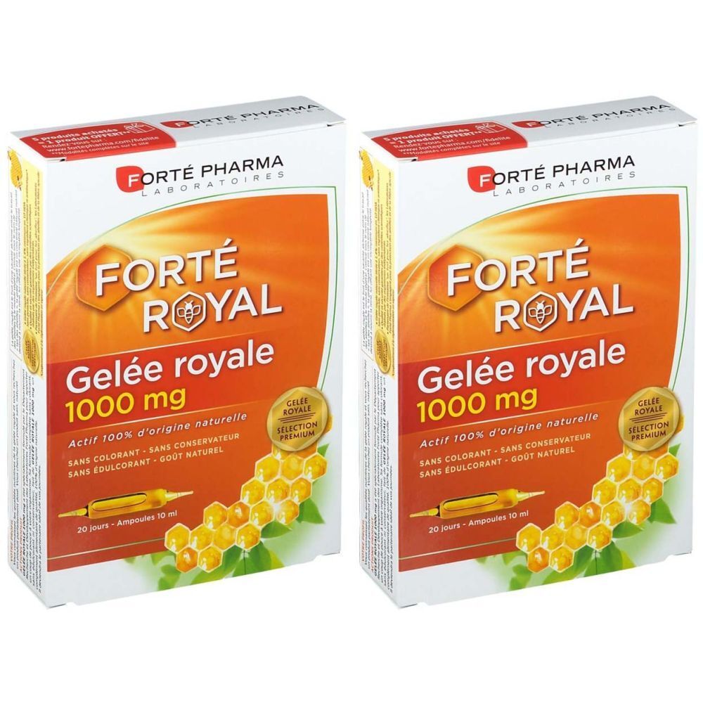 Deux boîtes de Forté Royal Gelée royale 1000 mg. Emballage blanc avec fond orange et informations produit. Design en nid d'abeilles.