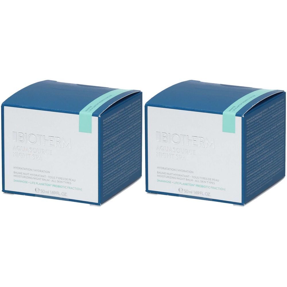 Deux boîtes carrées bleues avec face blanche. Inscription: BIOTHERM AQUASOURCE, Nacht Spa. Bande turquoise sur le dessus.