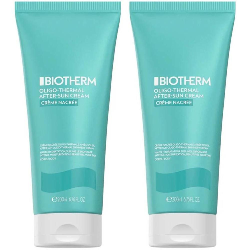 Deux flacons de crème après-soleil Biotherm Oligo-Thermal à la texture nacrée.