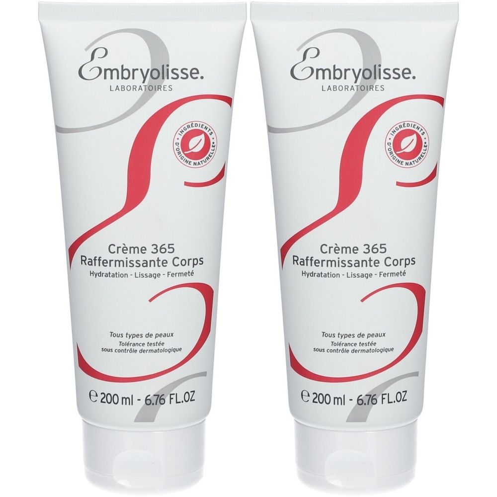 Deux tubes de Crème 365. Blanc, graphisme rouge et texte. Marque: Embryolisse. Texte: Raffermissante Corps, 200 ml.