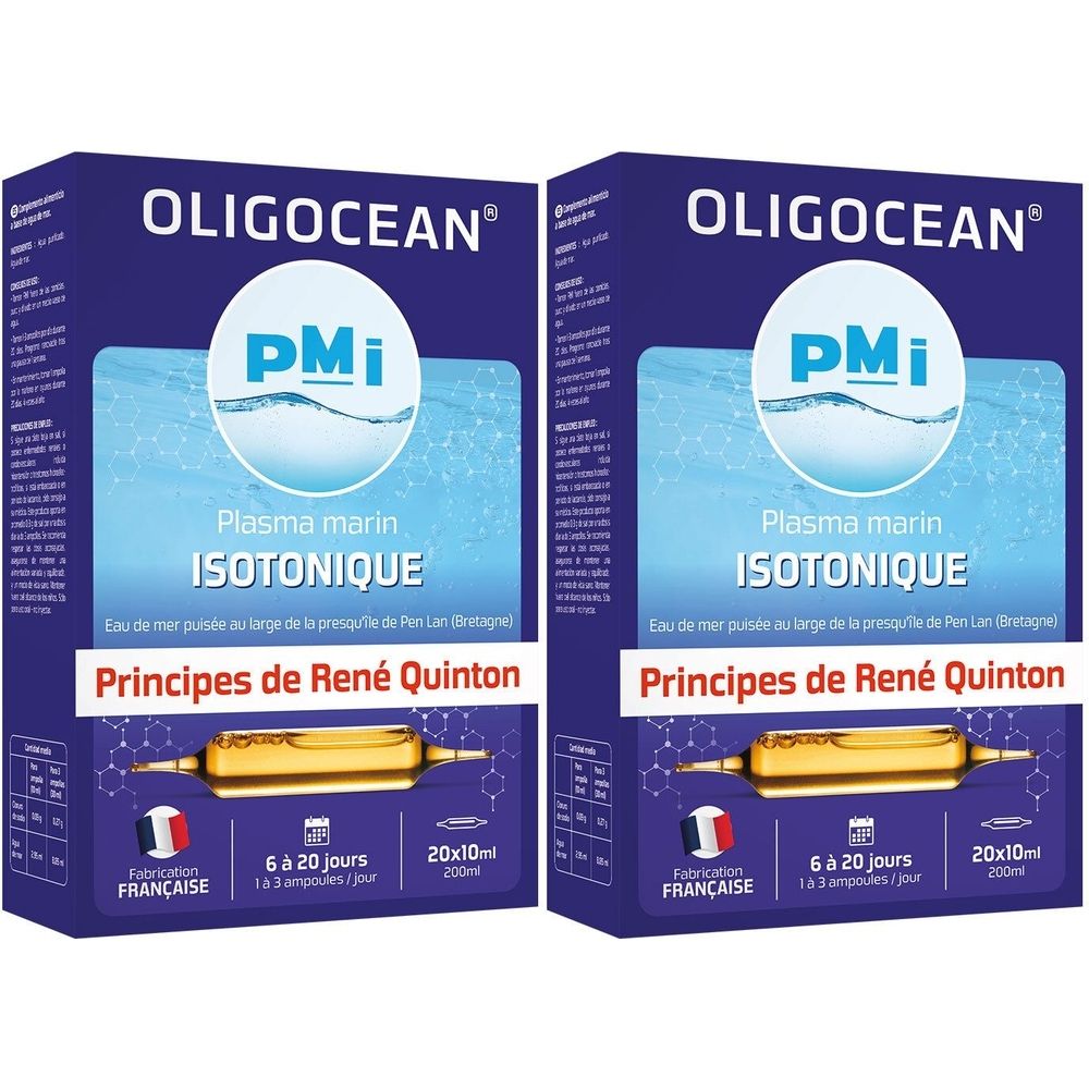 Deux boîtes OLIGOCEAN. Inscription : Plasma marin ISOTONIQUE. Contient des ampoules. Fabrication française.