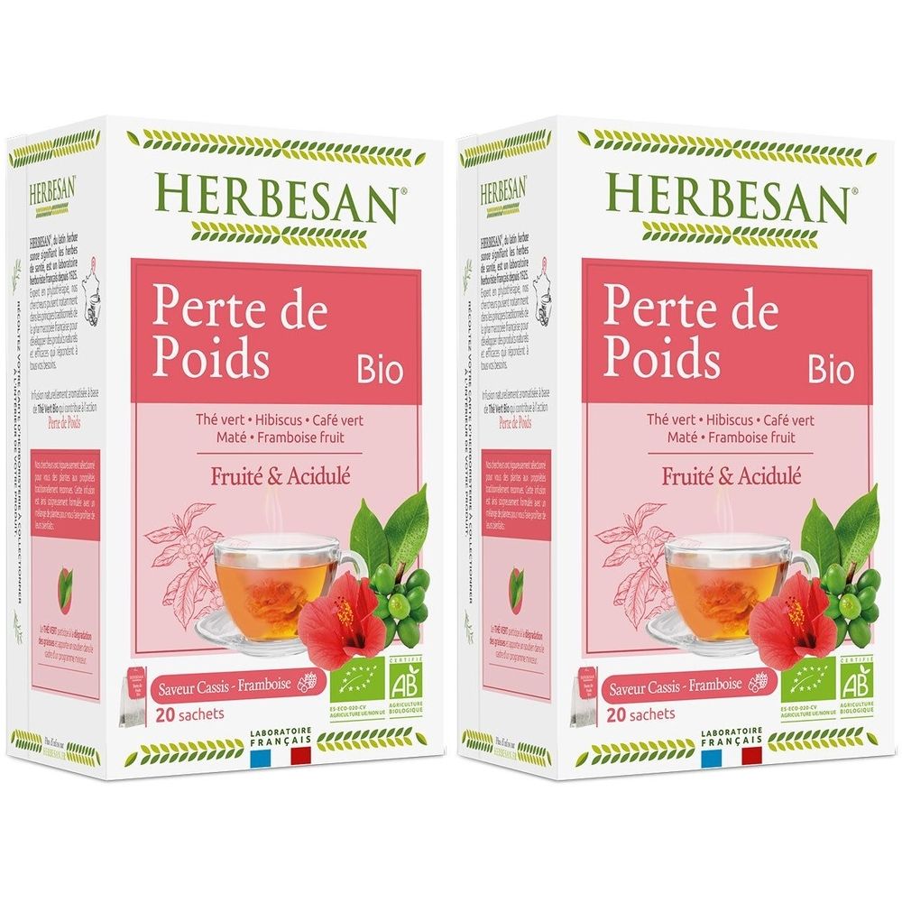 Deux boîtes de thé HERBESAN. Inscription : Perte de Poids Bio. Contient thé, hibiscus, maté, framboise. 20 sachets. Certification AB.