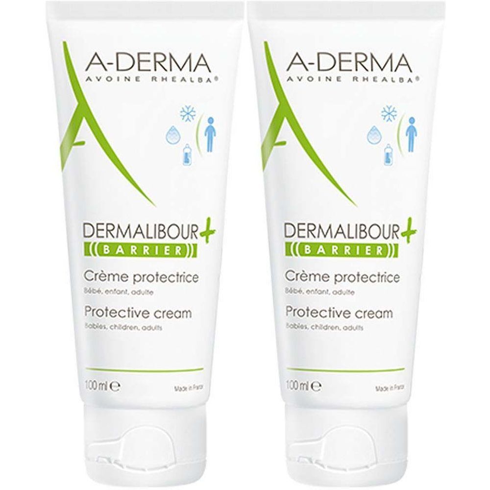 Deux tubes de crème. Inscription : A-DERMA, DERMALIBOUR+ (BARRIER), Crème protectrice, Protective cream. 100 ml.