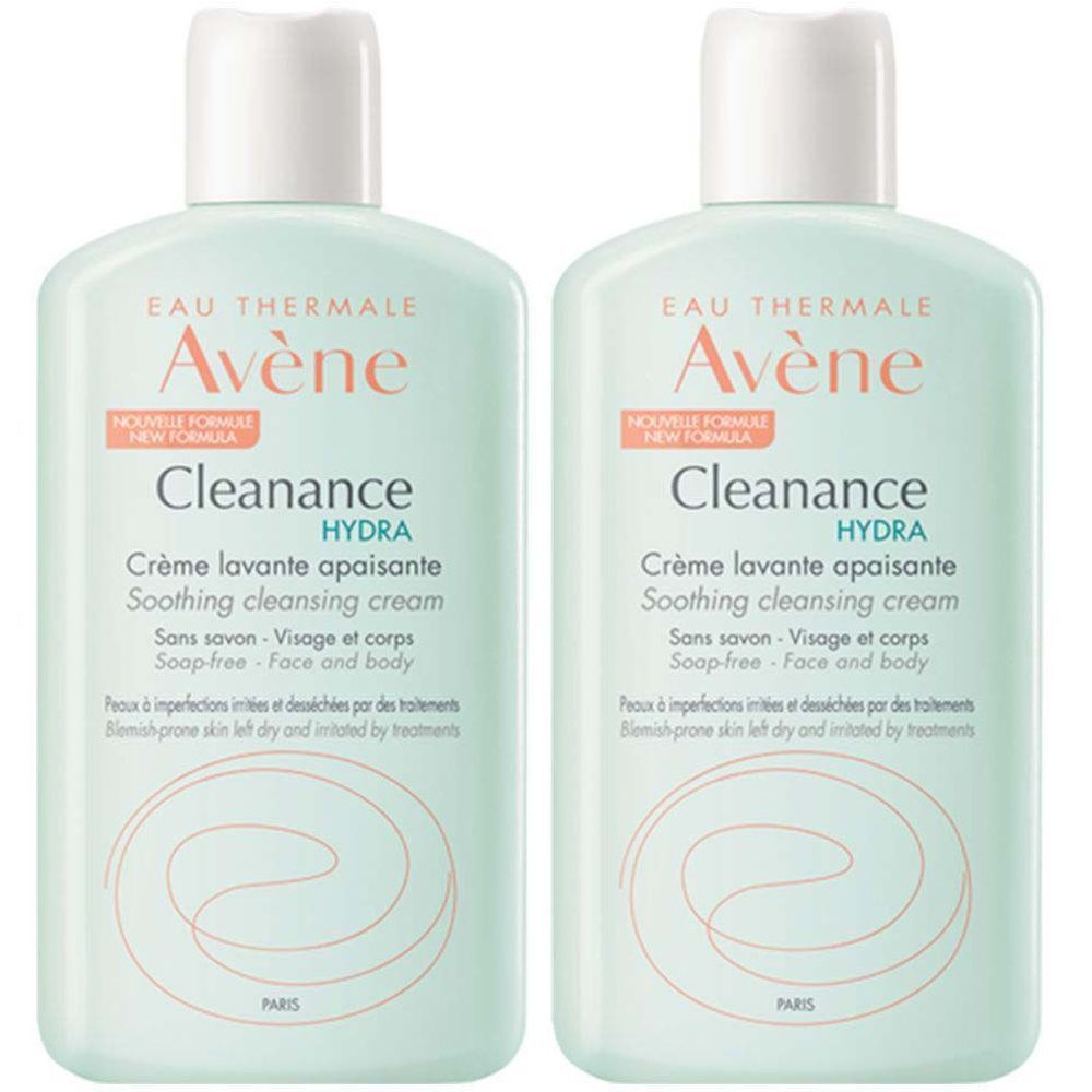 Deux flacons verts avec bouchon blanc. Inscription: Avène Cleanance HYDRA, crème lavante apaisante. Texte en français et anglais.