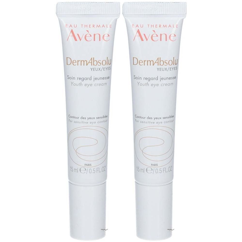 Deux tubes de crème pour les yeux. Inscription : Avène DermAbsolu, Youth eye cream. Tubes blancs avec texte rose clair et gris.