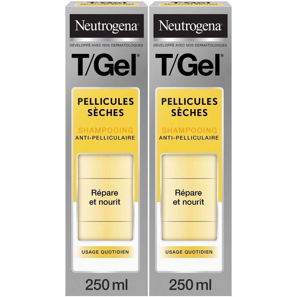 Deux boîtes de shampooing Neutrogena T/Gel. Inscriptions : « Pellicules Sèches », « Shampooing Anti-pelliculaire », « Répare et nourrit ». 250 ml.