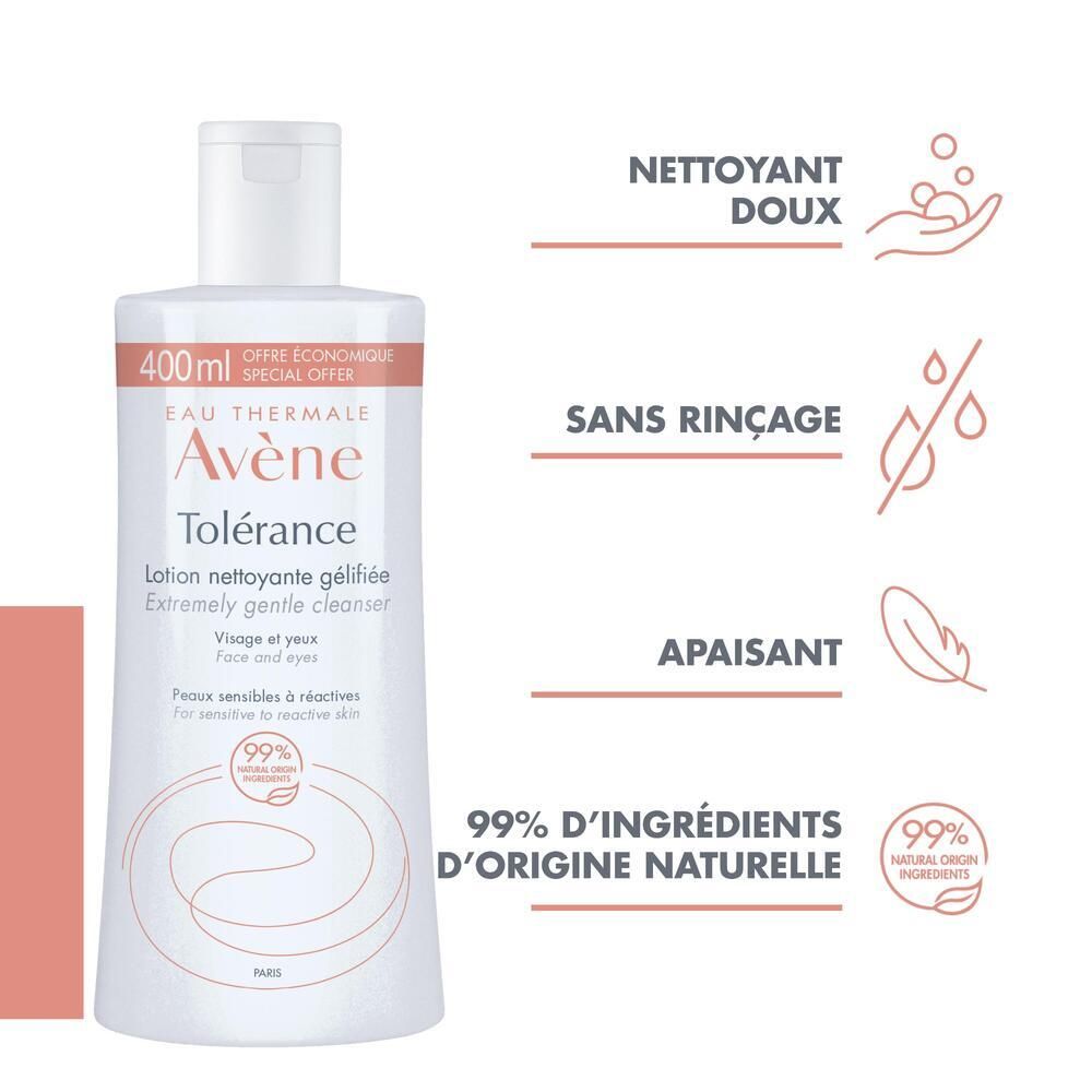 Flacon de lotion nettoyante Avène Tolérance avec texte. Texte : nettoyant doux, sans rinçage, apaisant, 99% ingrédients naturels.