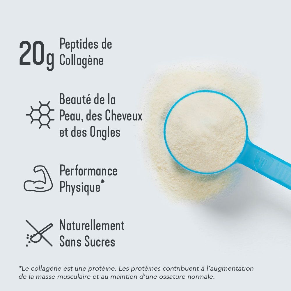 Poudre de collagène sur une cuillère, avec texte sur 20g de collagène, peau, cheveux, ongles et performance.