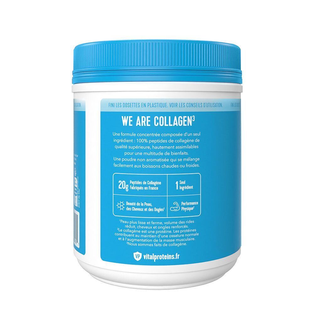 Arrière d'un contenant bleu de Vital Proteins Collagen Peptides, avec informations nutritionnelles et instructions.