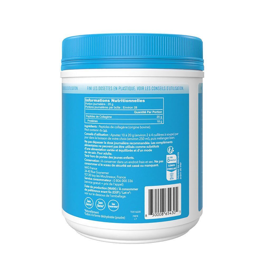 Arrière d'un contenant bleu de Vital Proteins Collagen Peptides, avec informations nutritionnelles et instructions.