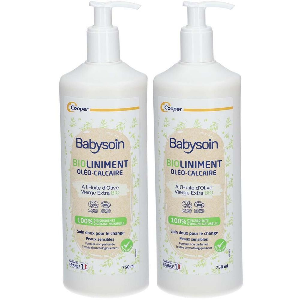 Deux flacons blancs avec pompe. Inscription: Babysoin Biolininment Oléo-Calcaire. Certifié bio. Contenance 750 ml.