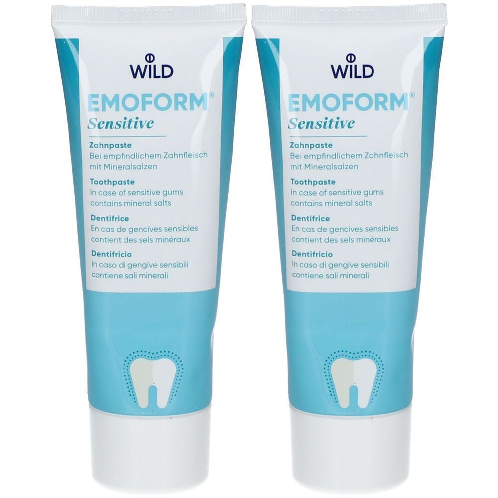 Deux tubes de dentifrice EMOFORM Sensitive. Emballage blanc et bleu avec nom du produit et informations en plusieurs langues.