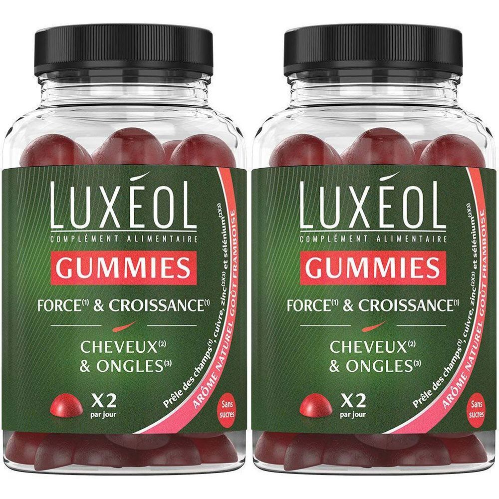 Deux flacons de LUXÉOL Gummies. Inscription : FORCE & CROISSANCE, CHEVEUX & ONGLES. Bonbons gélifiés rouges visibles.