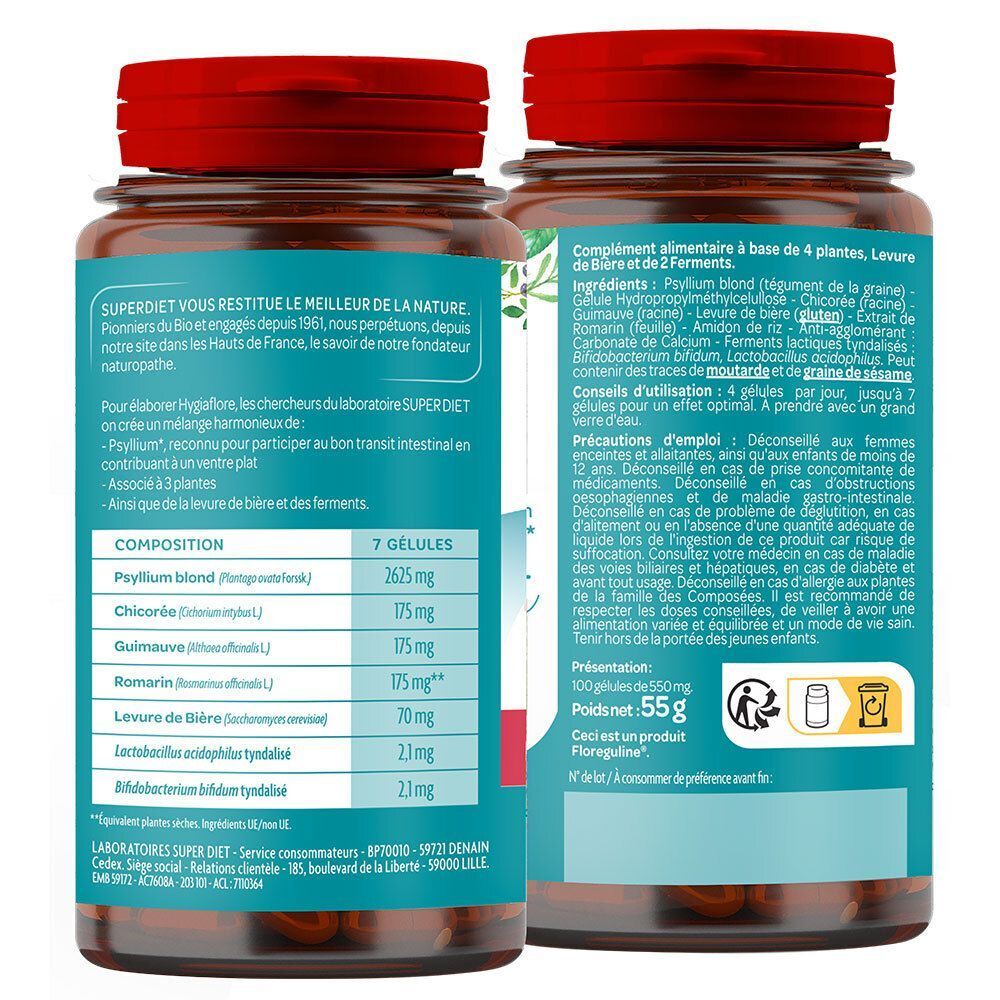 Dos des deux flacons SUPERDIET Hygiaflore avec informations détaillées sur le produit et les ingrédients.
