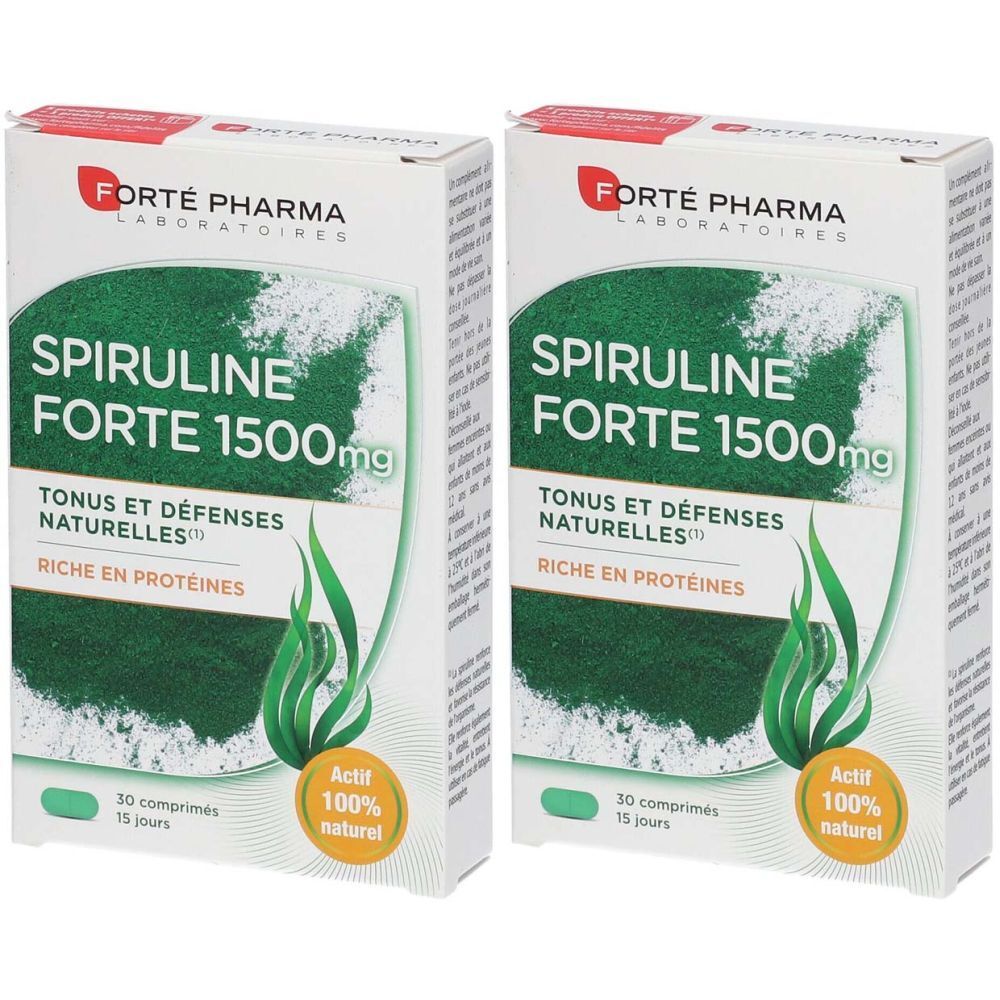 Deux boîtes de Spiruline Forte 1500. Inscription: Forte Pharma, Spiruline Forte, Tonus et Défenses Naturelles, 100% naturel.