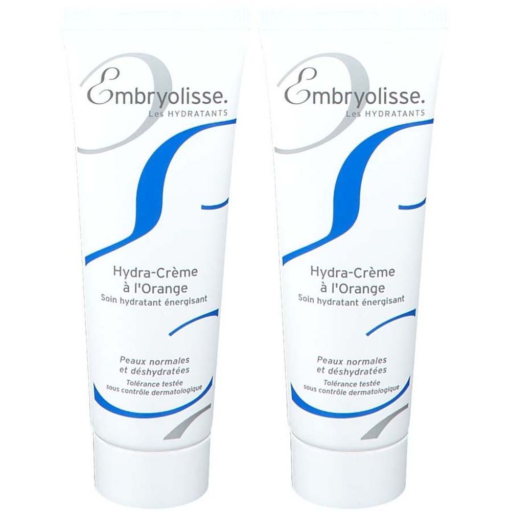 Deux tubes de Hydra-Crème à l'Orange. Tubes blancs avec graphiques bleus et gris. Texte: Embryolisse, Soin hydratant énergisant.
