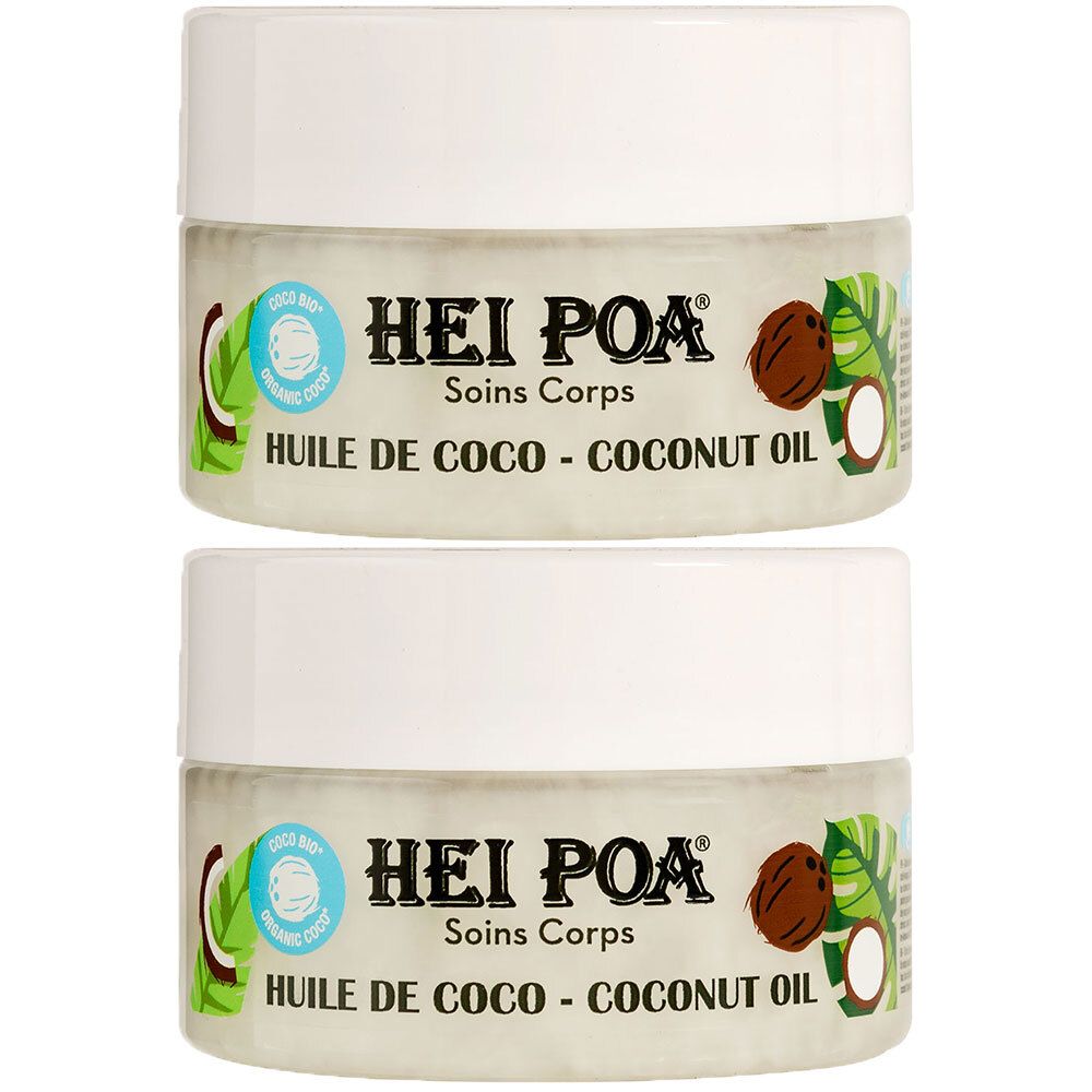 Deux pots avec couvercles blancs. Inscription: HEI POA, Soins Corps, HUILE DE COCO - COCONUT OIL. Illustration de noix de coco.