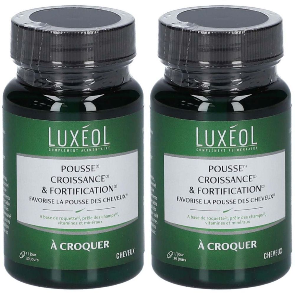 Deux flacons avec bouchon noir et étiquette verte. Inscription: LUXÉOL, Pousse, Croissance & Fortification. "À croquer".