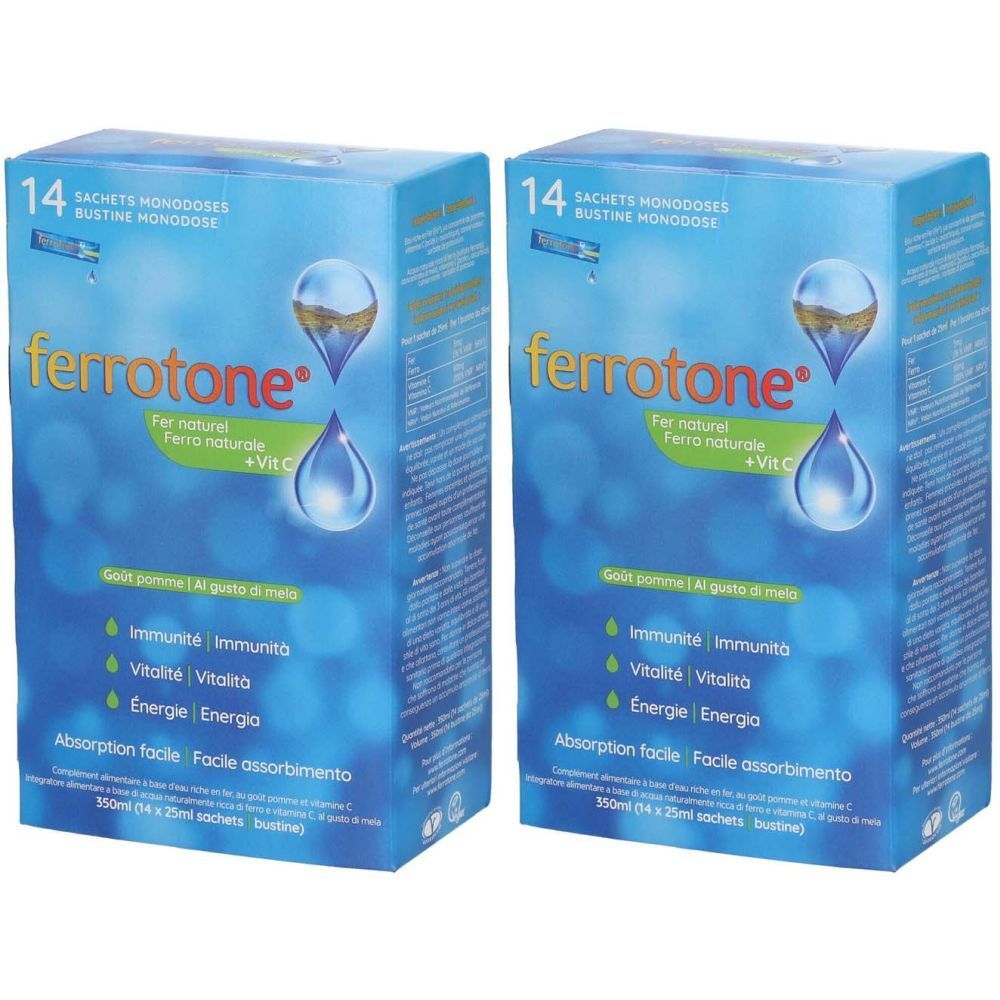Deux boîtes bleues "ferrotone". Texte: "Fer naturel + Vit C", "Immunité", "Vitalité", "Energie". 14 sachets.
