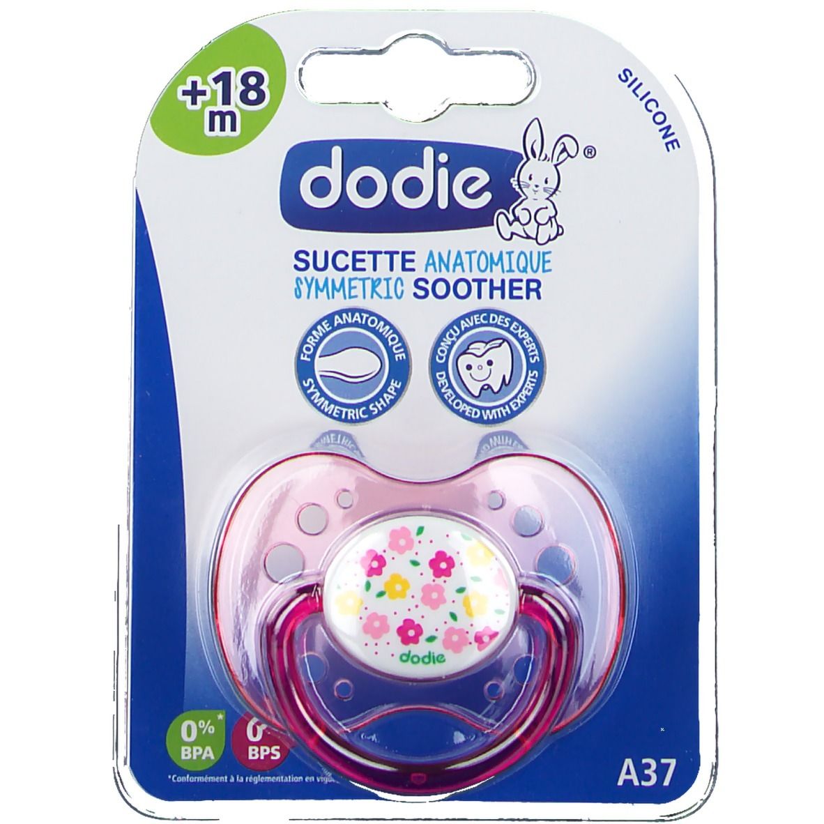 Sucette rose en blister. Motif floral et inscription "dodie". Convient aux enfants de plus de 18 mois. Silicone.