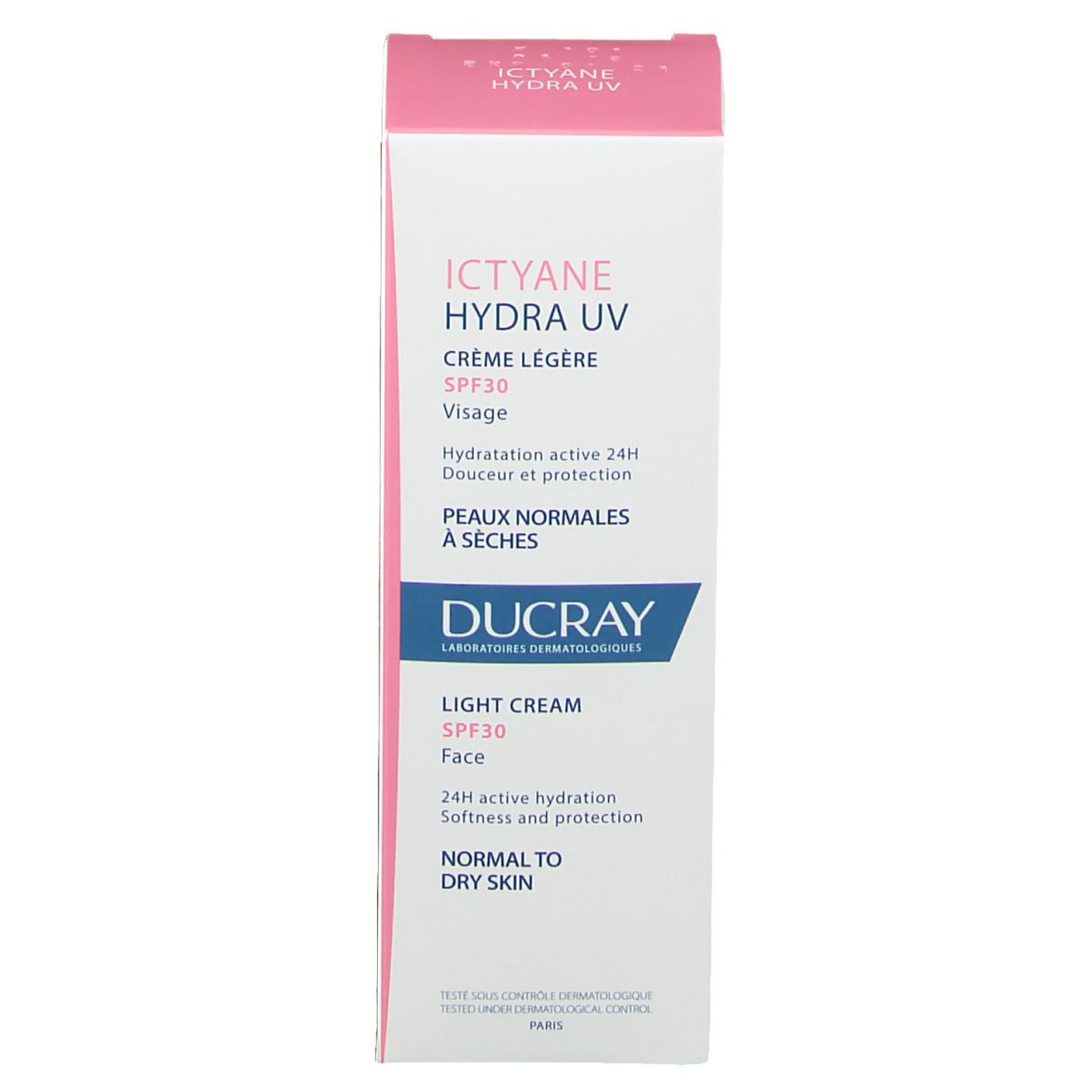 Emballage carton avec Ictyane Hydra UV Crème Légère SPF30. Texte rose et bleu. Marque Ducray.