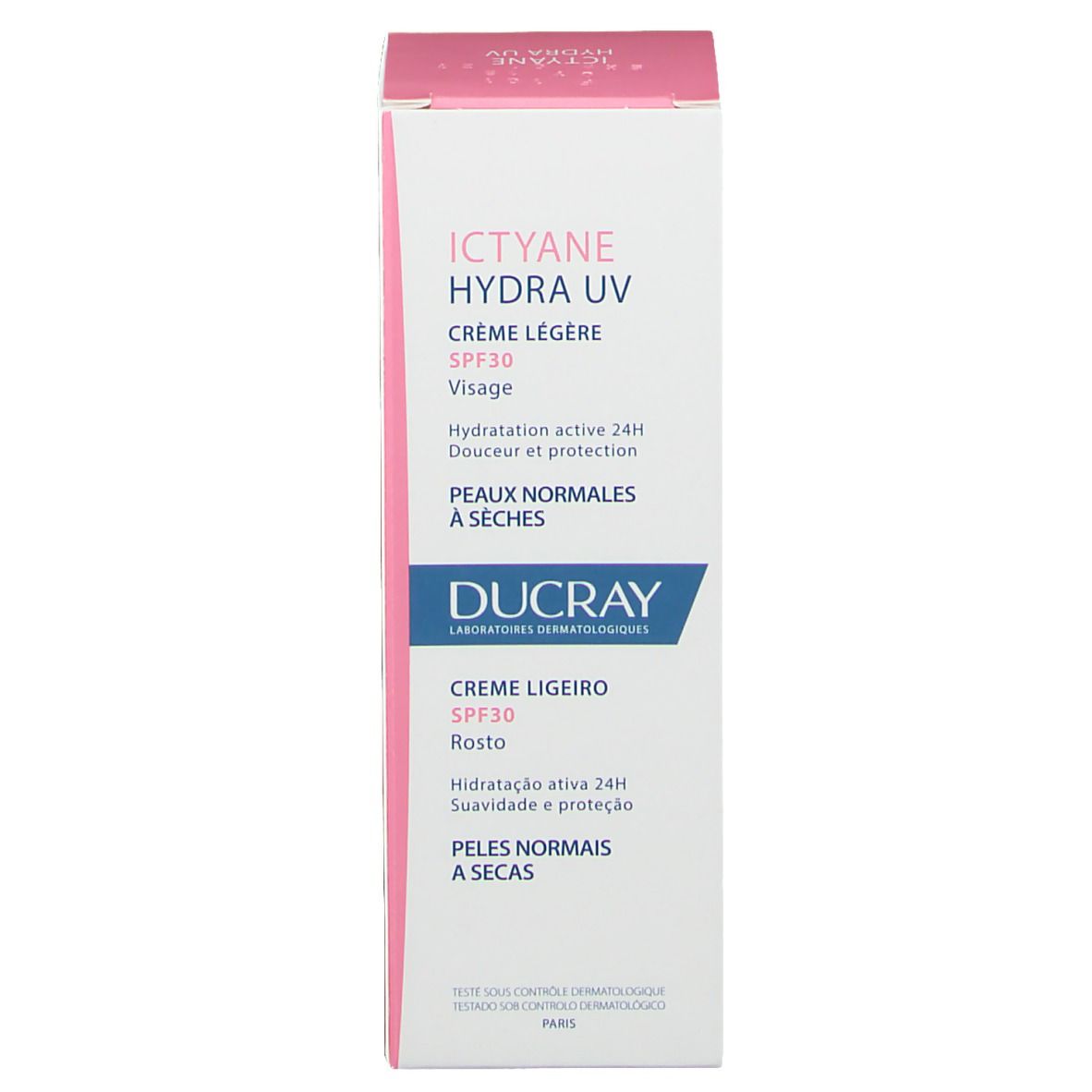 Emballage carton avec Ictyane Hydra UV Crème Légère SPF30. Texte rose et bleu. Marque Ducray.