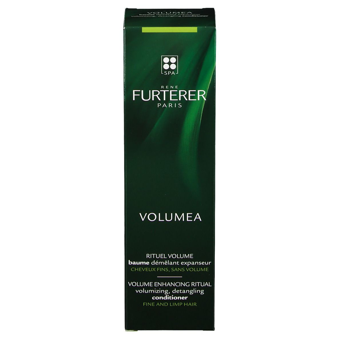 Emballage vert foncé. Marque Rene Furterer. Texte: VOLUMEA, rituel volume, pour cheveux fins.