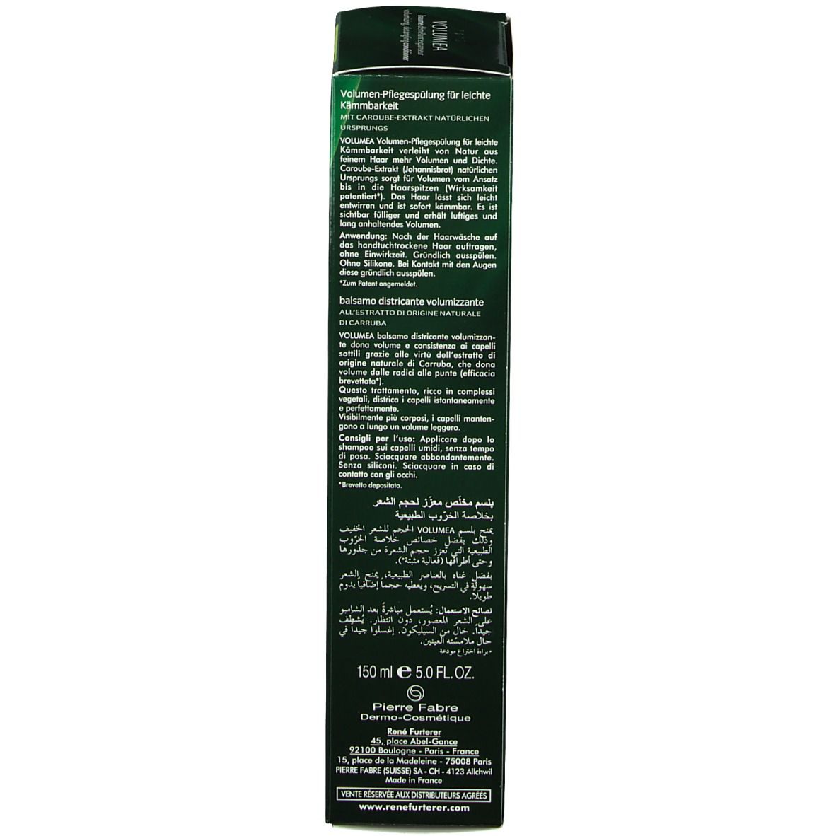 Emballage vert foncé. Marque Rene Furterer. Texte: VOLUMEA, rituel volume, pour cheveux fins.