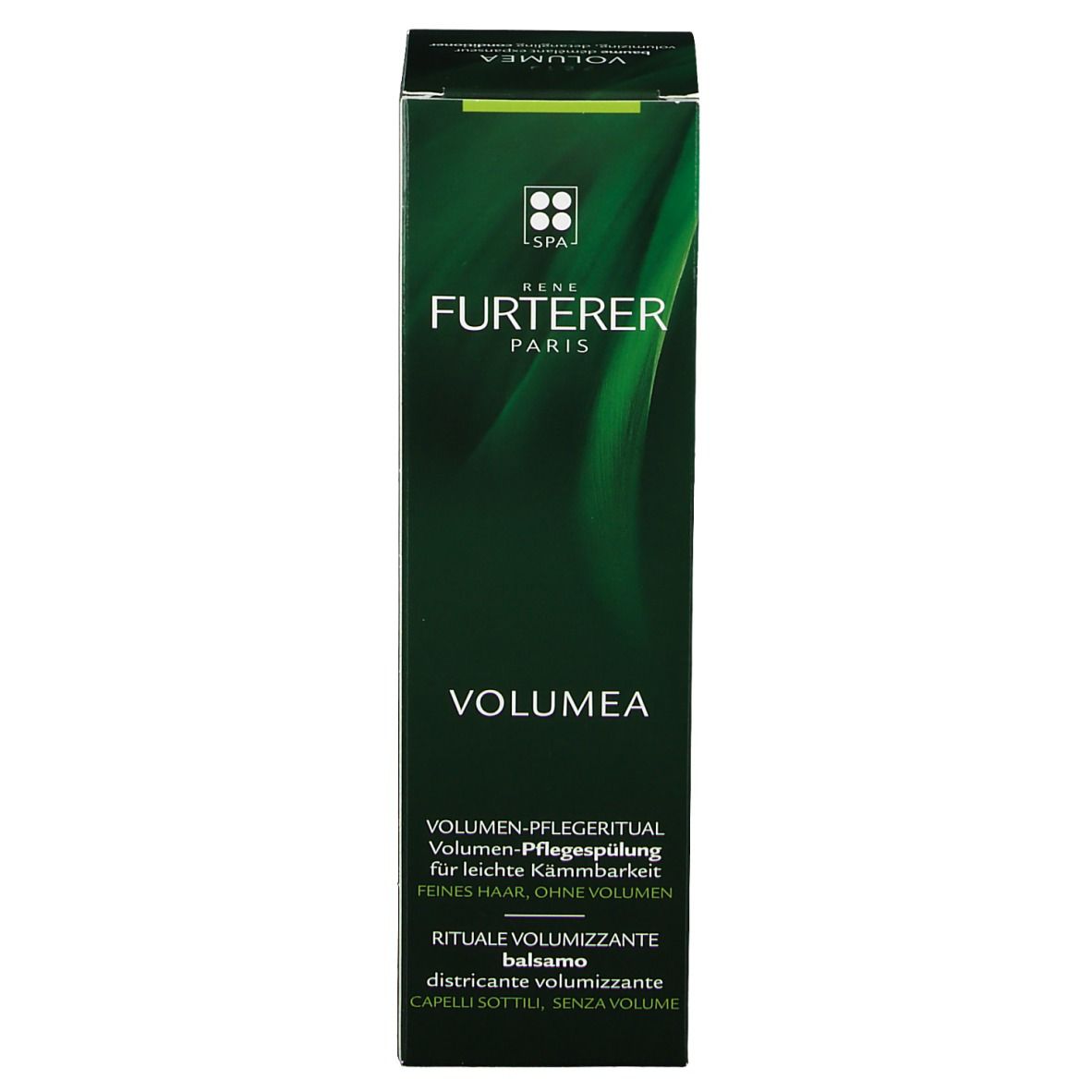 Emballage vert foncé. Marque Rene Furterer. Texte: VOLUMEA, rituel volume, pour cheveux fins.