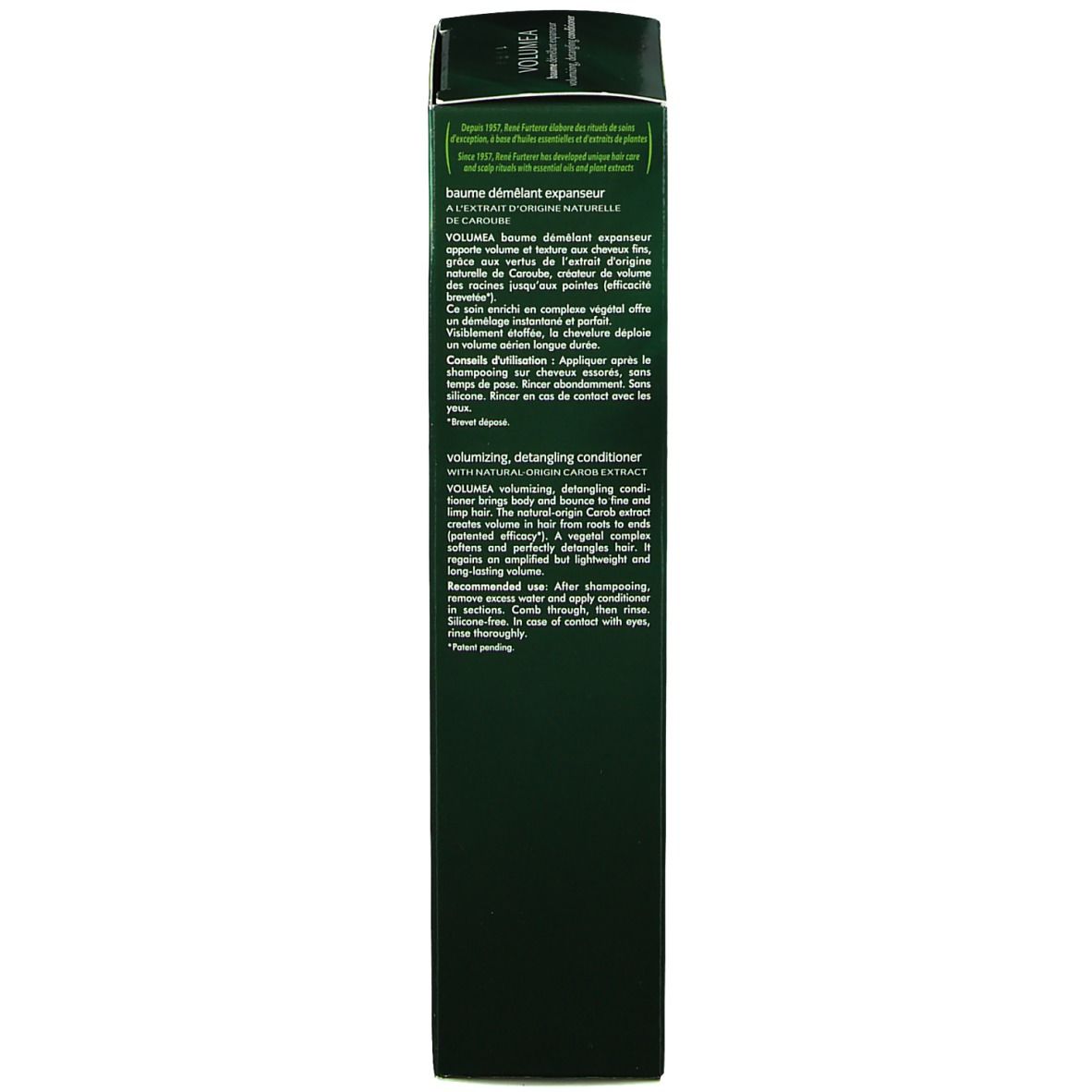 Emballage vert foncé. Marque Rene Furterer. Texte: VOLUMEA, rituel volume, pour cheveux fins.