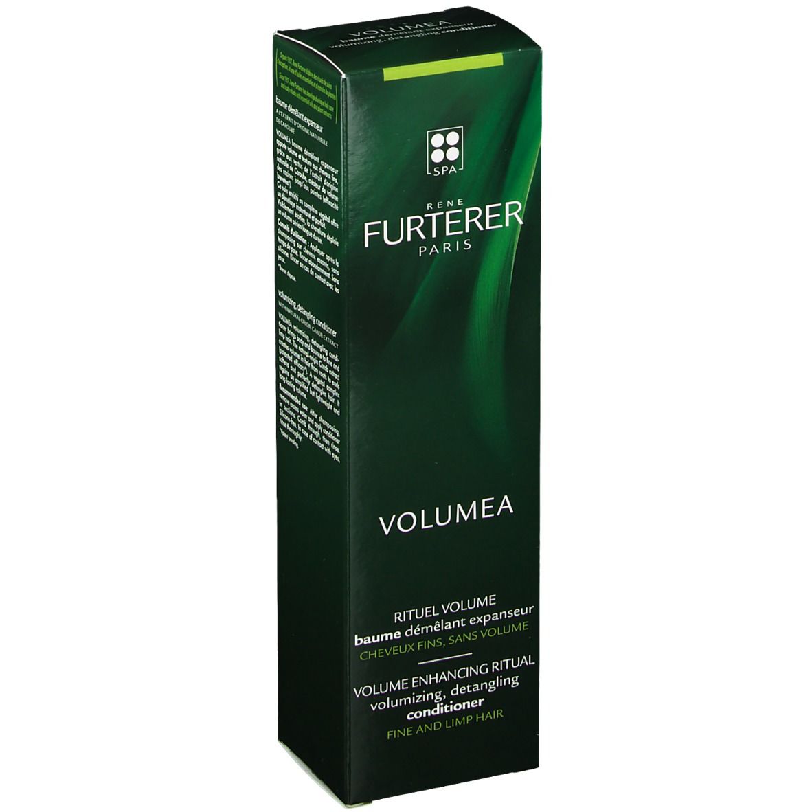 Emballage vert foncé. Marque Rene Furterer. Texte: VOLUMEA, rituel volume, pour cheveux fins.