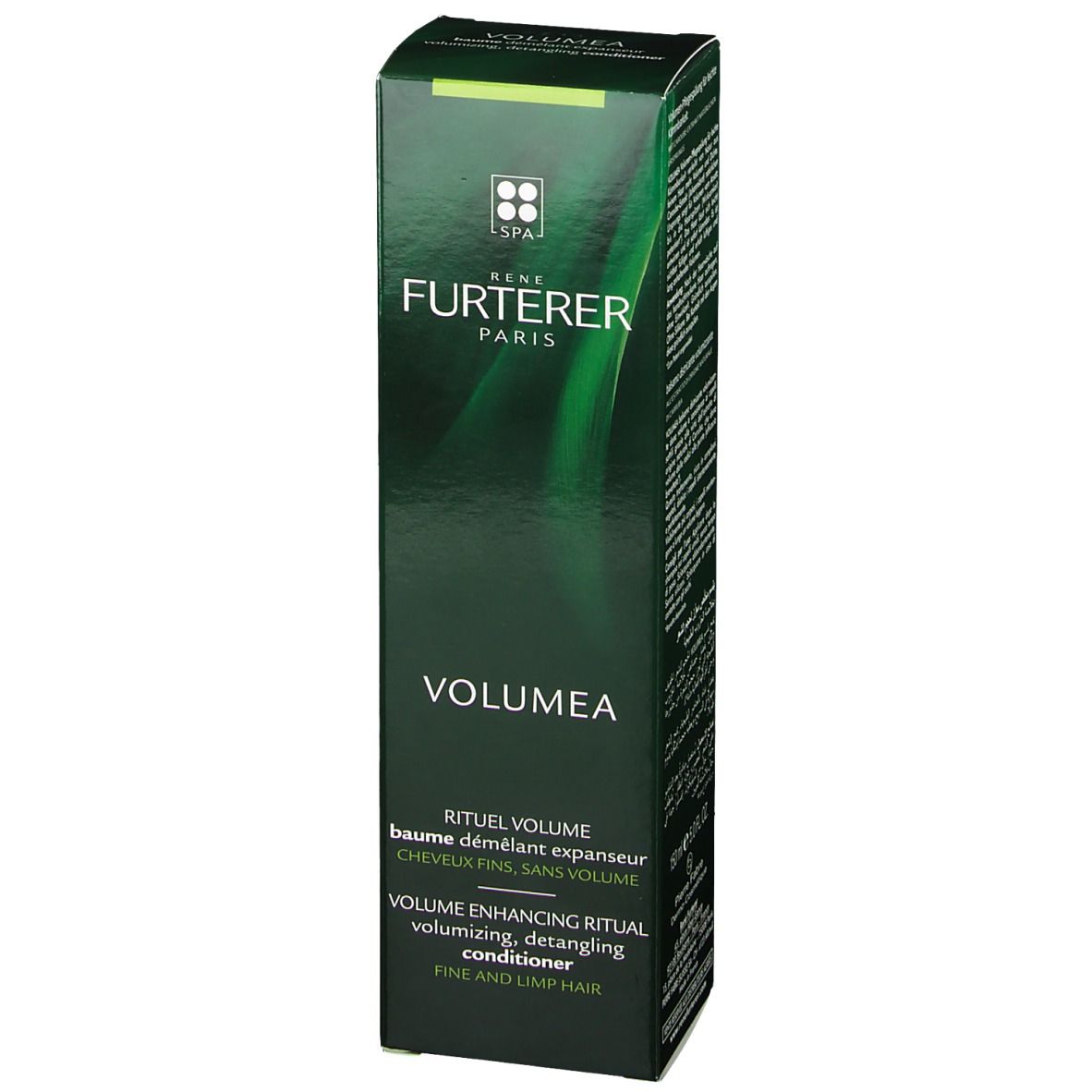 Emballage vert foncé. Marque Rene Furterer. Texte: VOLUMEA, rituel volume, pour cheveux fins.