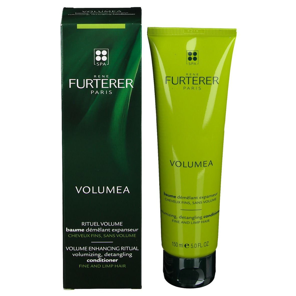 Produit et emballage. Tube vert et emballage vert foncé. Marque Rene Furterer. Texte: VOLUMEA.