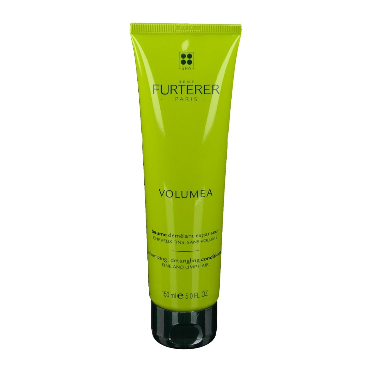 Tube vert de revitalisant volumateur. Marque Rene Furterer. Texte: VOLUMEA, pour cheveux fins.