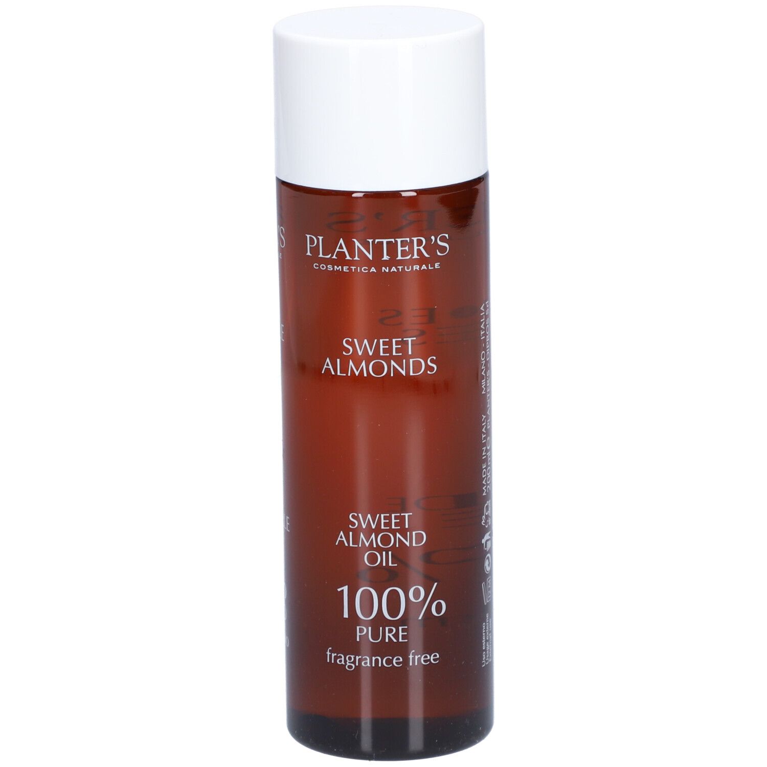 Flacon marron avec bouchon blanc. Inscriptions: Planter's, Sweet Almond Oil, 100% Pure, sans parfum.
