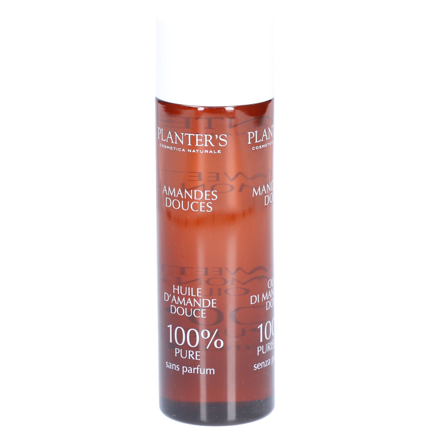 Flacon marron avec bouchon blanc. Inscriptions: Planter's, Huile d'Amande Douce, 100% Pure, sans parfum.