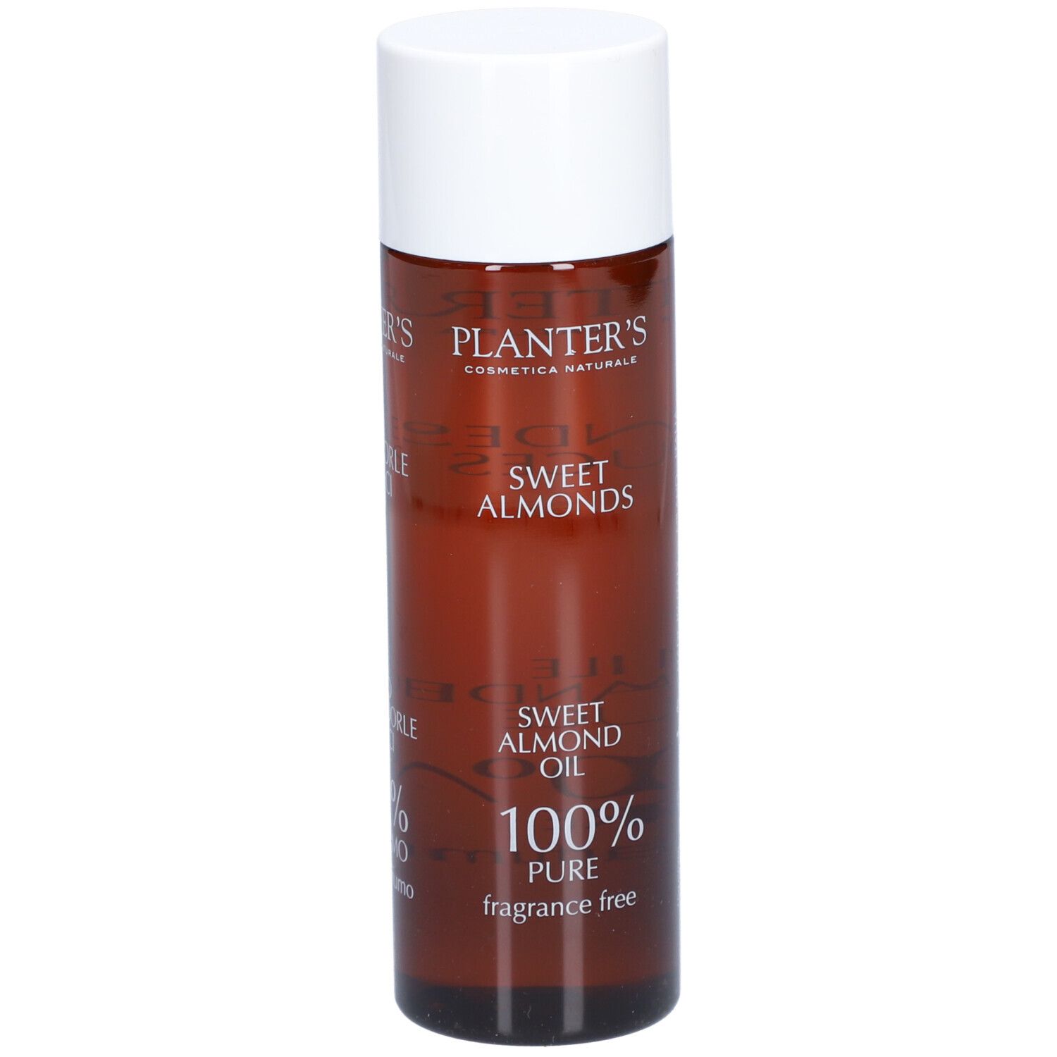 Flacon marron avec bouchon blanc. Inscriptions: Planter's, Sweet Almonds, Sweet Almond Oil, 100% Pure, sans parfum.