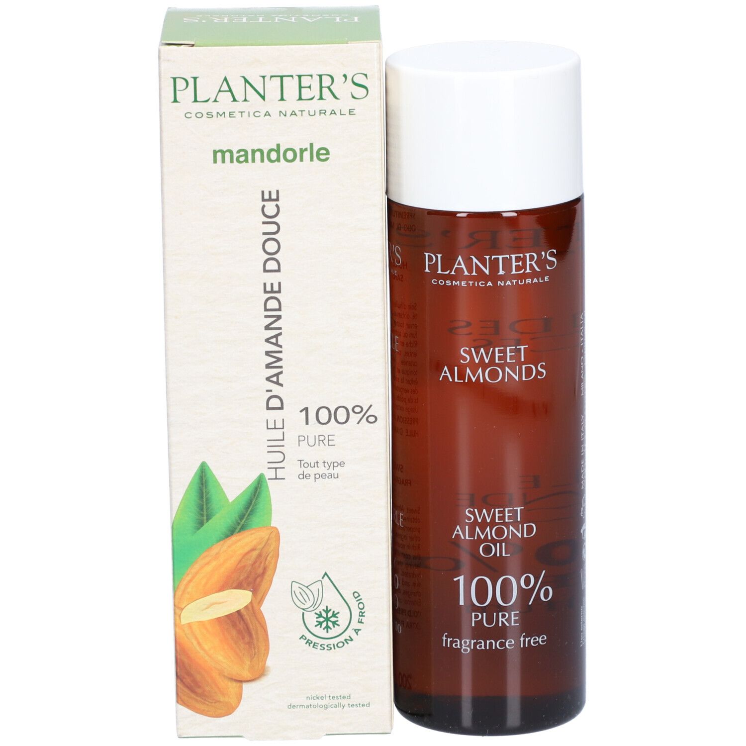 Flacon et emballage. Emballage avec inscription: Planter's, Huile d'Amande Douce, 100% Pure. Flacon: marron, bouchon blanc.